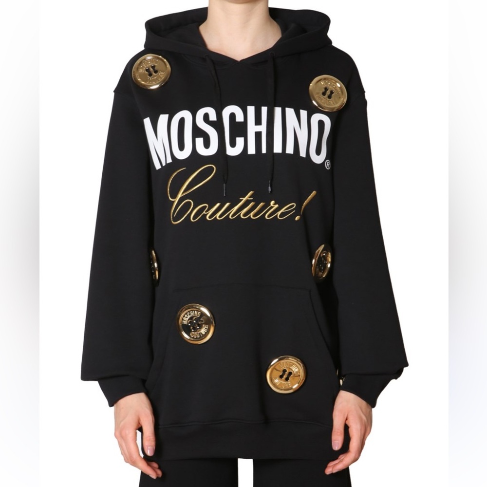 Moschino Black Hoodie with Large Button Gold Accents M L Medium Large